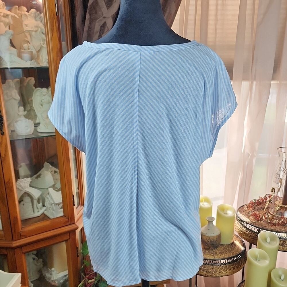 J. JILL | Cute Light Blue White Striped Cap Sleeve Linen Blend Waist Tie Top | M - Picture 6 of 12